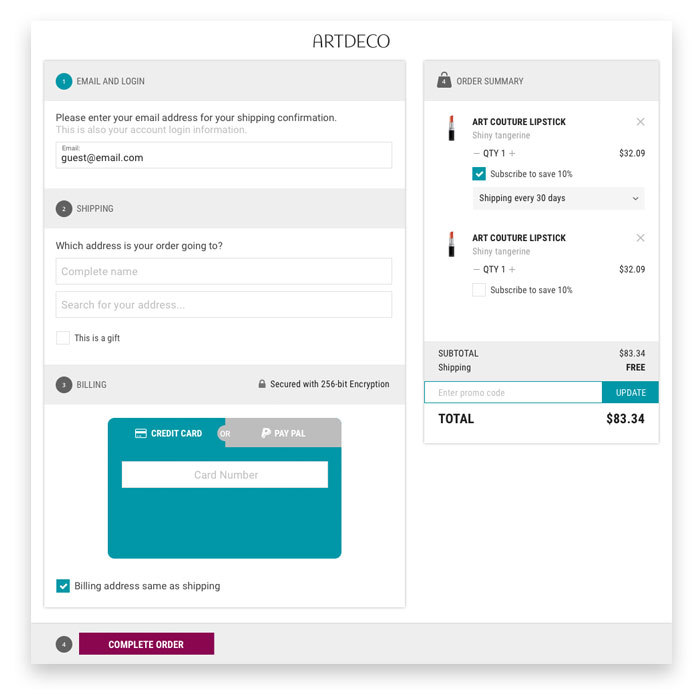 One-page checkout for ARTDECO