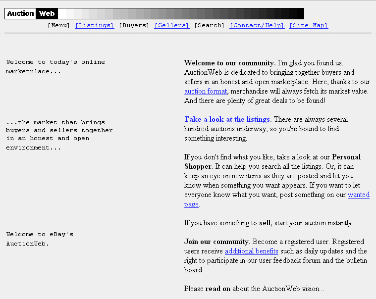The first AuctionWeb homepage